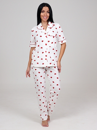 Женская пижама с брюками Леди КК-61 / Красные сердечки на белом