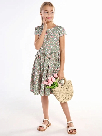 Детское платье "Карусель" / Нежные цветочки на зеленом