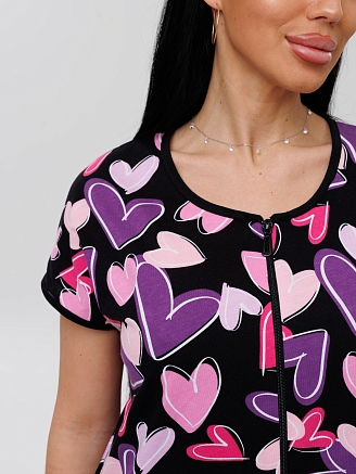 Женский халат Х-154(К) / Черный (фиолетовые сердечки)