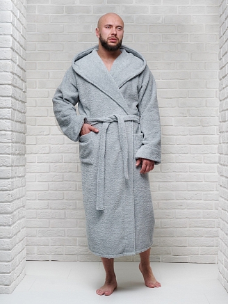 Мужской махровый халат PandaHug с капюшоном / светло-серый