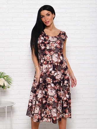 Женское платье П-8 / Пионы на коричневом