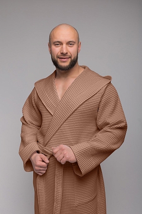 Мужской вафельный халат PandaHug Orlando с капюшоном / мокко