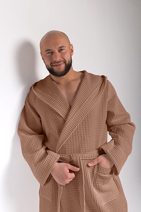 Мужской вафельный халат PandaHug Orlando с капюшоном / мокко