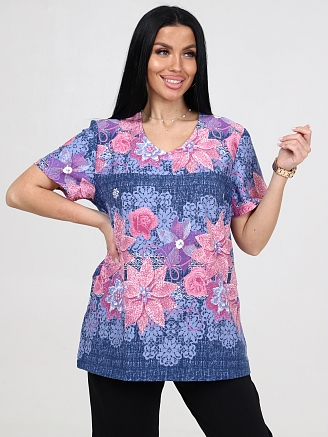 Женская туника БЛЮЗ ТК-72-ФУТ / Цветы на джинсе, кружево