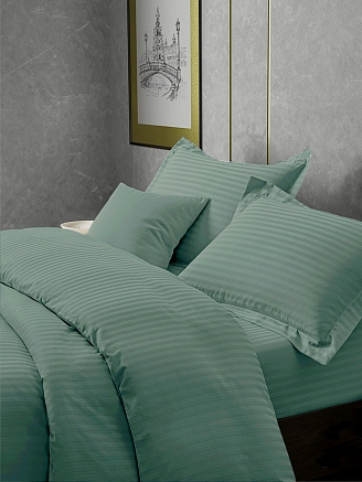 Постельное белье сатин страйп с простыней на резинке (ПУ) / Аквамарин