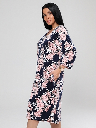 Женский халат Х-80(В) / Темно-синий (розовые цветы)