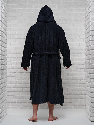 Мужской махровый халат PandaHug с капюшоном / черный