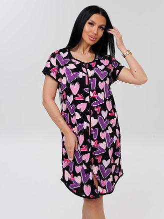 Женский халат Х-154(К) / Черный (фиолетовые сердечки)