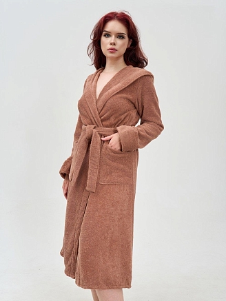 Женский махровый халат с капюшоном / мокко