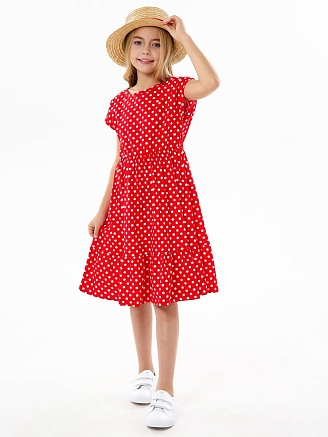 Детское платье "Ласточка" / Белый горошек на красном