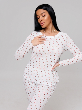 Женская пижама П-103(Риб) / Молочный (красные цветы)