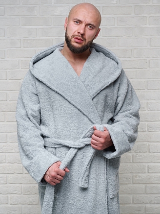 Мужской махровый халат PandaHug с капюшоном / светло-серый