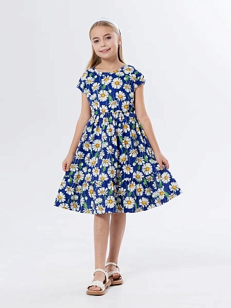 Детское платье "Ласточка" / Крупные ромашки на синем