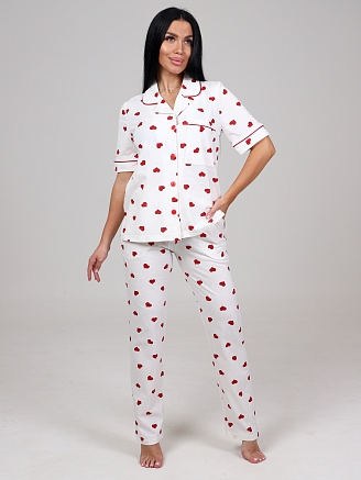 Женская пижама с брюками Леди КК-61 / Красные сердечки на белом