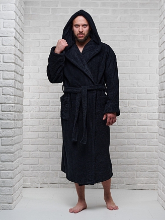 Мужской махровый халат PandaHug с капюшоном / черный