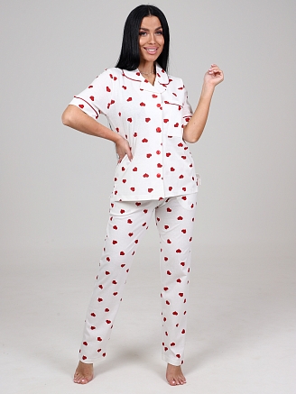 Женская пижама с брюками Леди КК-61 / Красные сердечки на белом