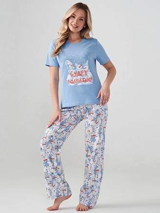 Женская пижама "Снеговик" 2414-К / Голубой
