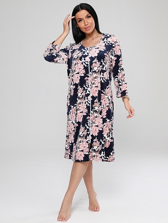 Женский халат Х-80(В) / Темно-синий (розовые цветы)