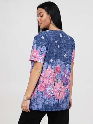Женская туника БЛЮЗ ТК-72-ФУТ / Цветы на джинсе, кружево
