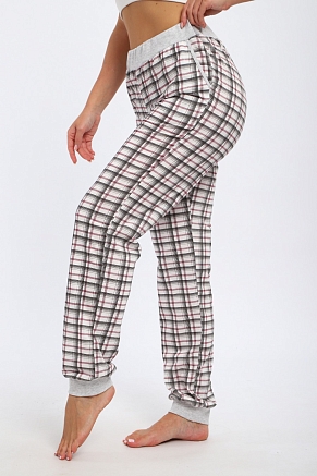 Брюки женские из кулирки на манжете / Клетка на белом