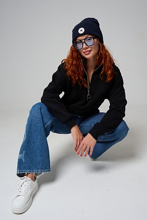 Женский свитшот на молнии оверсайз начес 14427 / черный