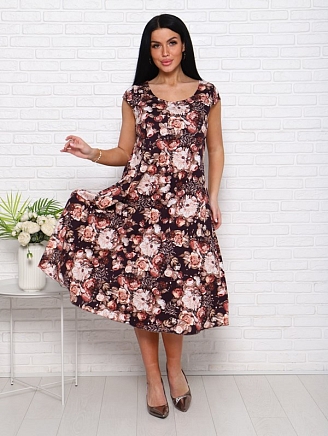 Женское платье П-8 / Пионы на коричневом