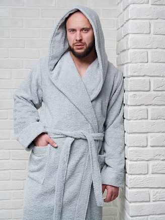 Мужской махровый халат PandaHug с капюшоном / светло-серый