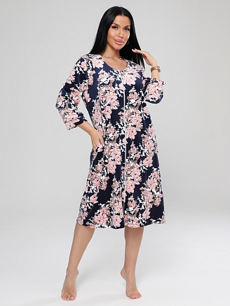 Женский халат Х-80(В) / Темно-синий (розовые цветы)