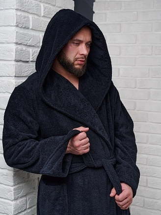 Мужской махровый халат PandaHug с капюшоном / черный