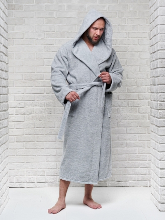 Мужской махровый халат PandaHug с капюшоном / светло-серый