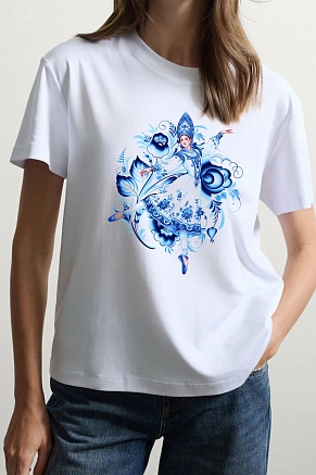 Футболка унисекс 8589 / белая+девушка Гжель