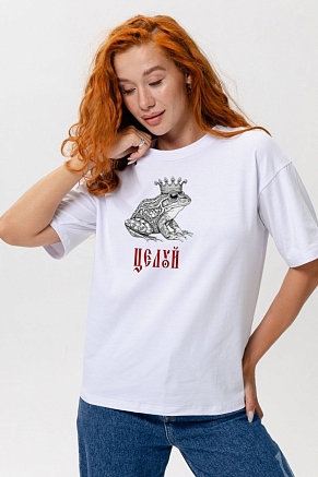 Женская футболка 8580 оверсайз / белый+лягушка