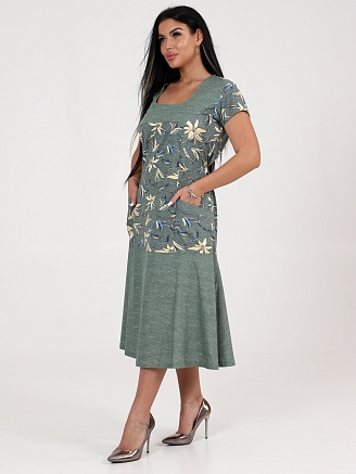 Женское платье Вера макси ПлК-340 / Лилии на зеленой рогожке