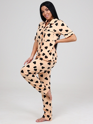 Женская пижама с брюками Леди КК-61 / Черные сердечки на персиковом