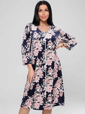 Женский халат Х-80(В) / Темно-синий (розовые цветы)