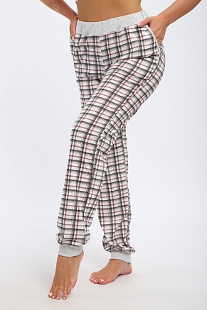 Брюки женские из кулирки на манжете / Клетка на белом