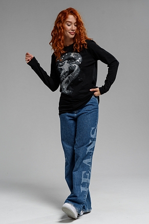 Женский лонгслив 8516 / черный+Змея стразы