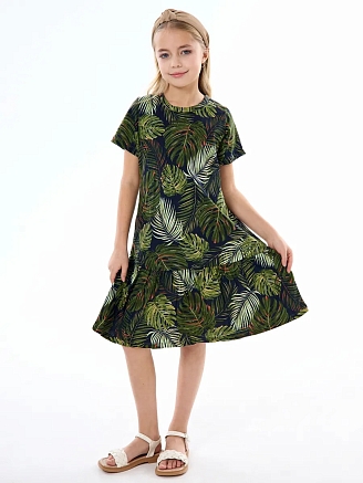Детское платье "Лето" / Монстера на черном