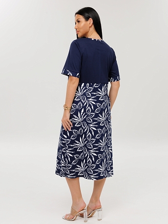 Женское платье Пл-167(К) / Синий (белые цветы + надпись)