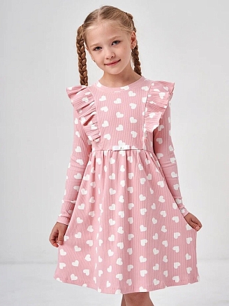 Детское платье "Бетти" длинный рукав / Розовый (сердечки)